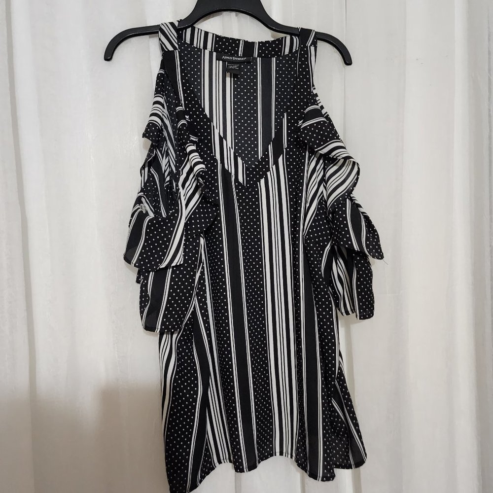 Ashley Stewart Cold Shoulder Top V-Neck Stripe Polk-A-Dot Blouse Size 22/24